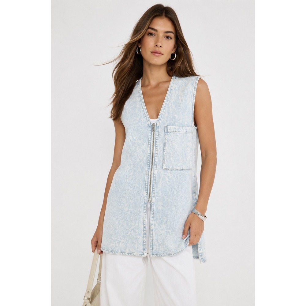 Helmut Lang Acid Wash Denim Longline Zip Front Vest Light Blue XS